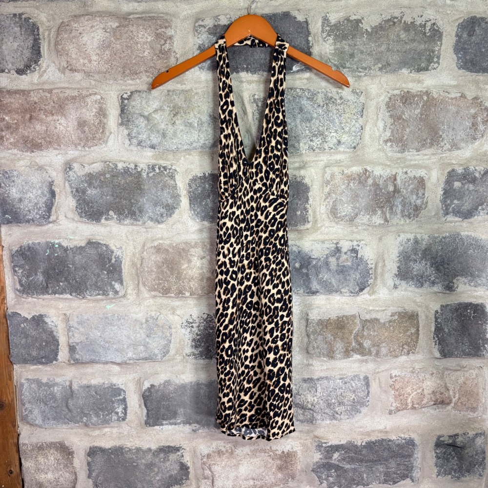 Reformation Leopard Print Halter Mini Dress Open Back Brown Tan Small Mobwife